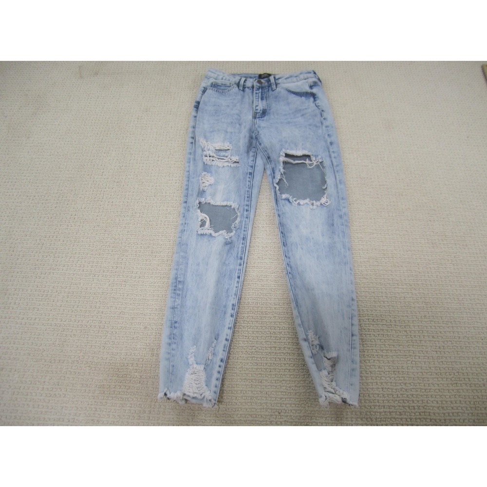 Simple Society‎ Jeans Womens 7/28 Light Wash Distressed Ripped Patch Raw Hem